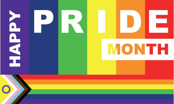 Happy pride month banner with rainbow background, Progress inclusive flag graphic design for celebration, LGBTQ+ community event poster with colorful text and elements
