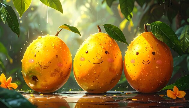 Three friendly, plump fruits sit in gentle rain, reflecting light in a lush, vibrant jungle setting