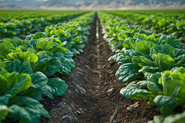 Naklejka premium Rows of fresh green leafy vegetables growing in a large agricultural field