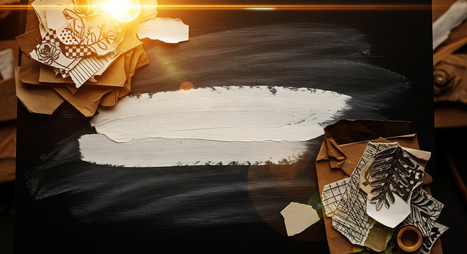 A black background with a white smear and decorative papers on a wooden table with a warm light happy fathers day