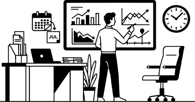 Financial analyst tracking performance data on wall chart