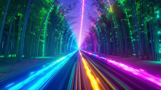 ネットワーク速度とクラウドコンピューティングを強調するネオン竹林トンネル