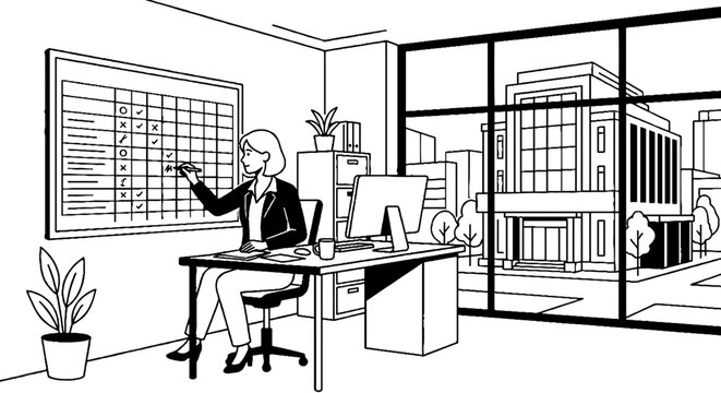Businesswoman updating project schedule on wall chart