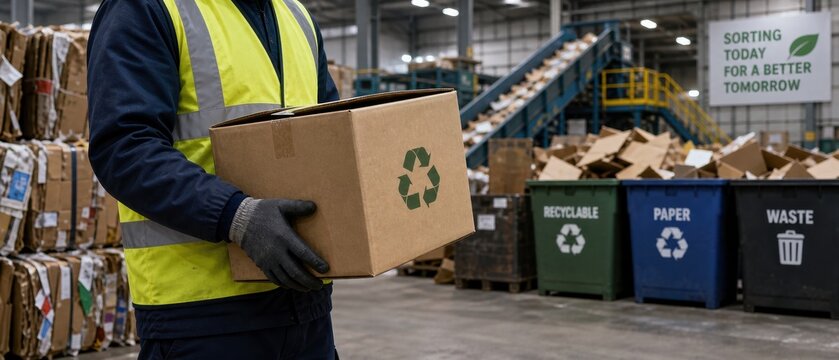  Unrecognizable worker in a high-visibility safety vest holding a cardboard box with a recycling symbol inside a large industrial waste sorting and recycling facility
