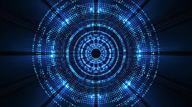 A mesmerizing blue circular light pattern radiates with intense beams on a dark backdrop