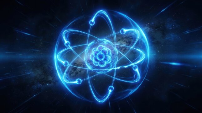 Atomic Nucleus Visualization: A stunning 3D render depicts an atomic nucleus with orbiting electrons, radiating a vibrant blue glow against a dark, cosmic background.