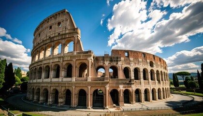 Fototapeta premium Roman Colosseum under Bright Blue Sky with Fluffy Clouds