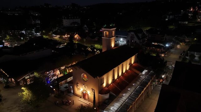 Night Scape Of Illuminated Church In Campos Do Jordao In Sao Paulo Brazil. City At Night Scene. Winter  Destination. Medieval Church. Illuminated Church In Campos Do Jordao In Sao Paulo Brazil. 