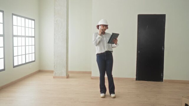 Woman architect wearing hardhat holding smartphone to ear and tablet in an empty building; professional concentration.