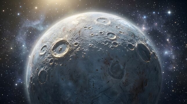 Cratered moon surface in space realistic digital rendering