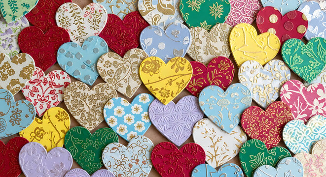 A vibrant collection of heart-shaped fabric patches in various colors and patterns