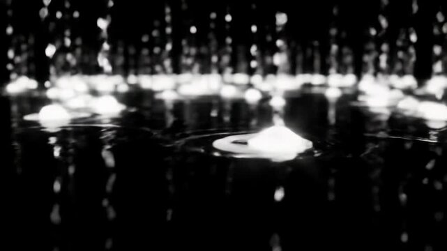 extreme low-angle macro video captures shimmering white crystalline particles impacting obsidian, forming glowing orbs & ripples against a black void, abstract light display concept