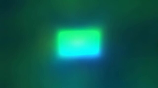 Glowing green rectangle light in dark space. Abstract luminous floating object background with soft blurred edges and bright central illumination beam effect.