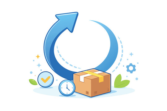 Blue Circular Arrow Curving Upwards Representing Product Return Process and Efficient Logistics with Cardboard Box, Clock, and Checkmark Icon for E-commerce Delivery and Shipping Services Concept