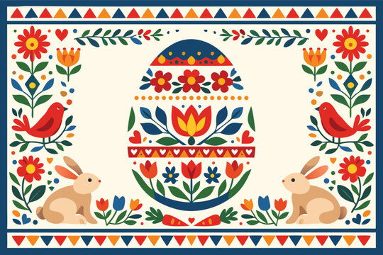 Folk Art Easter Egg Illustration with Rabbits, Birds, and Flowers. Scandinavian Style Floral Background with Geometric Patterns and Spring Elements for Greeting Cards and Holiday Decorations.
