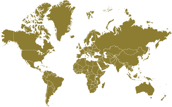 Golden World Map, Vector Globe, Earth Outline, Brown Geography