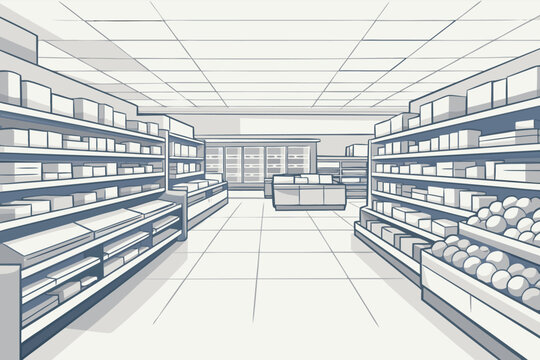 Perspective Sketch of a Modern Empty Supermarket Interior with Organized Shelves, Produce Section, and Freezer Aisle; Clean Minimalist Vector Illustration for Retail and Commerce Design.