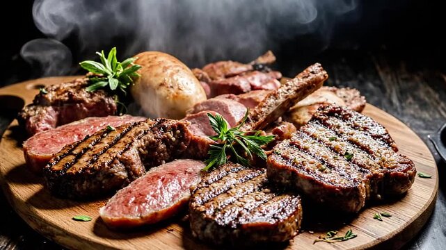 Grilled meat assortment on a wooden platter with herbs and smoke, showcasing various cuts and textures in a rustic kitchen setting