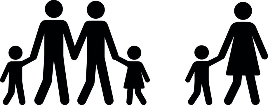 Family Stick Figure Silhouette Icon Set with Two Parents and Single Mother for Community, Safety, and Relationship Graphic Designs
