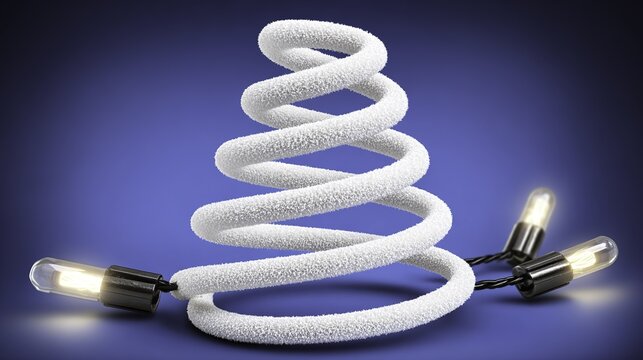 Coiled white fuzzy string light with illuminated bulbs on a dark background
