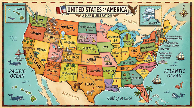 United states of america map illustration with landmarks on transparent background