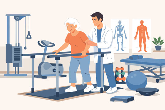 Senior woman undergoing physical therapy with a male physiotherapist helping her walk on parallel bars in a rehabilitation center with medical equipment, exercise bike, and gym tools.