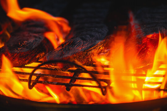 Flames dance around grilled meat at a summer barbecue in the backyard on a warm evening