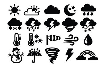 Fototapeta premium Weather Icon Set with Bold Black and White Simple Flat Vector Illustrations Featuring Sun, Clouds, Rain, Snow, Thunderstorm, Tornado, Thermometer, Snowman, Umbrella, Lightning, and Rainbow Symbols
