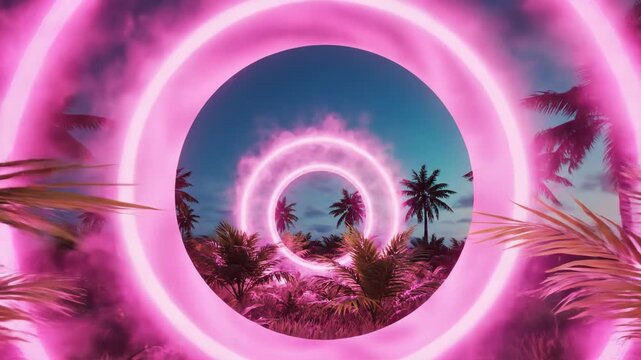 Pink neon light palm trees landscape.