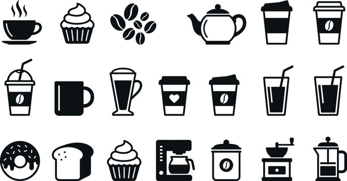 Cafe and Bakery Silhouette Icon Set Featuring Coffee Cups Pastries Grinder Coffee Maker and Breakfast Menu Graphic Elements
