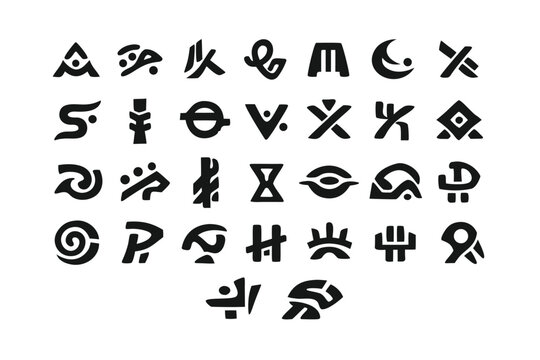 Collection of Alien Alphabet Symbols and Futuristic Gyphs for Sci-Fi Design, Exraterrestrial Writing Systm with Mysterious Signs, Cyptic Letters, and AncientHieroglyphs for Secret Cipers.