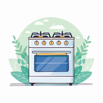 Illustration of a white gas stove with blue oven door and green foliage