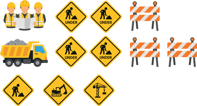 Under Construction Site Vector Icon Set Featuring Yellow Road Warning Signs Engineers Tipper Truck and Striped Safety Barriers