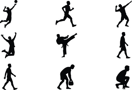 Active people silhouettes set sports running jumping martial arts and daily activity poses isolated black figures collection