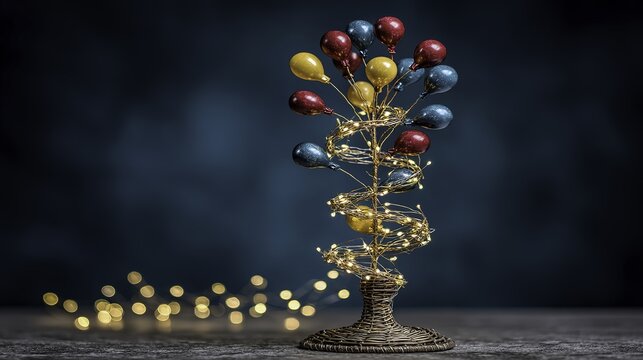 Decorative spiral tree with colorful glass orbs and golden lights on a dark background