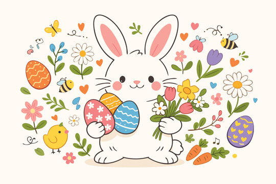 Cute Whimsical Easter Bunny Holding Colorful Decorate Eggs and Spring Flowers Buquet, Adorable Cartoon Rabit with Chick Bee Butterfy and Carrots, Festive Holday Vector Illustration Deign.