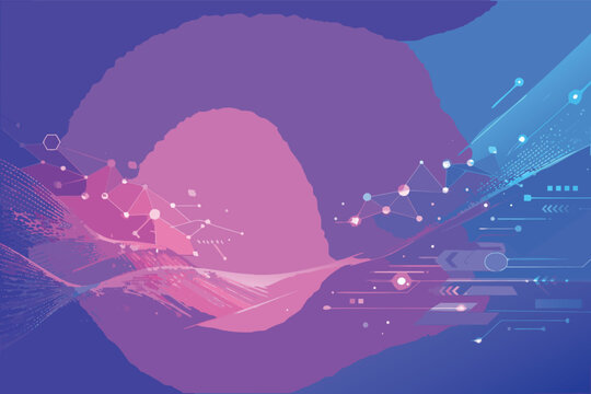 Abstract futuristic background with vibrant purple pik and blue gradient, featuing digital technology eleents, network connection ndes, wavy particle lines, nd geometric data visualiztion.
