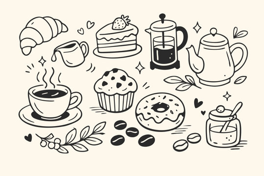 Aesthetic Coffee Cafe and Bakery Lifestyle Hand DrawnVector Line Art Set with Ht Coffee Cup, Muffin, Croisant, Cake Slice, Donut, Fench Press, Teapot, Honey ar, and Coffee Bean Illustations