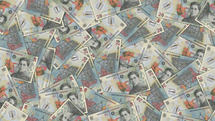 Fototapeta premium Seamless pattern. Financial illustration. Scattered Romanian 20 lei banknotes. Obverse and reverse. Plastic money of Romania. Twenty. Economic texture. Wide wallpaper or background