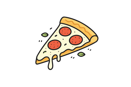 Minimalist line art illustration of a delicious pizza slice with pepperoni toppings and melting cheese. Simple flat vector design for food menu, restaurant branding, and fast food graphics.