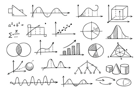 Hand-drawn Mathematical Equations and Statistical Graphs Set featuring Geometry Shapes, Calculus Formulas, Bar Charts, Pie Diagrams, Sine Waves, Venn Diagrams, and Probability Curves on White