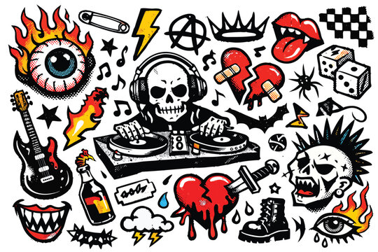 Punk Rock Music Doodle Graffiti Collage Featuring Skeleton DJ, Electric Guitar, Flaming Eyeball, Broken Hearts, Anarchy Symbol, and Retro Halftone Tattoo Elements for Grunge Alternative Design.