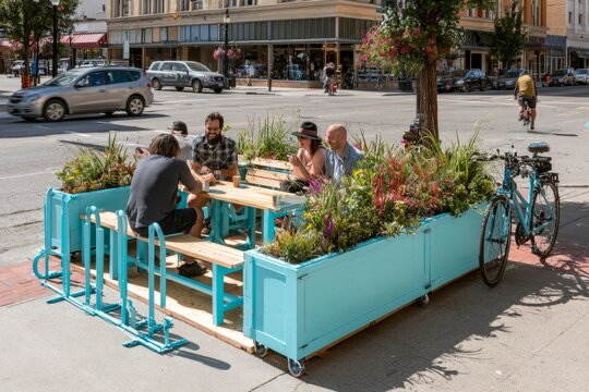 Community Pop-Up Parklet with People Sitting and Talking in Urban Street