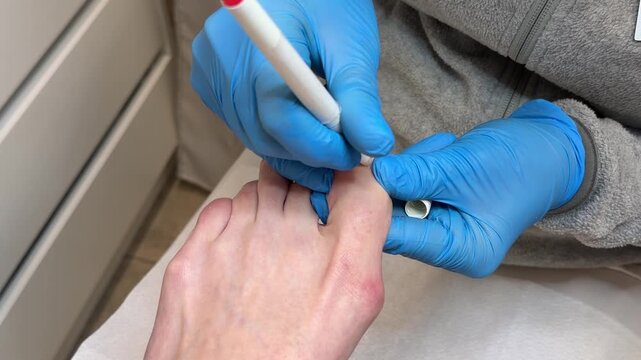 Close up footage of podiatrist or pedicure specialist performing professional toenail cleaning and foot care treatment while wearing blue medical gloves. Healthcare, hygiene, beauty salon and podology