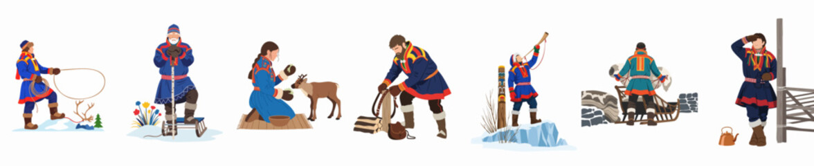 Flat vector illustrations set of Sami people in traditional clothing performing various activities like reindeer herding, wood chopping, and animal feeding. © Ratu