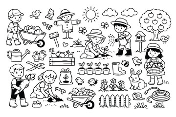 Fototapeta premium Vector Black and White Garden Clipart Set Featuring Cute Kids Gardening, Planting, and Harvesting. Cute Farm Line Icons Collection with Children, Tools, Wheelbarrow, Scarecrow, and Animals.