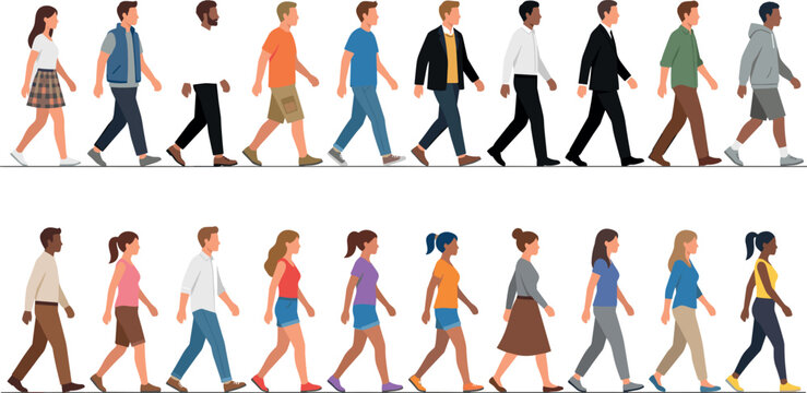 Diverse Cartoon People and Multicultural Characters Walking in Side View Profile for Urban City Commuter Lifestyle Graphic Designs