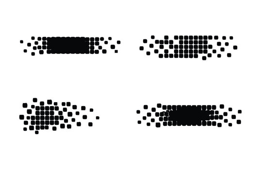 Vector set of black fragmented pixel art grid banners with rounded block elements. Abstract digital dispersion effect with broken square patterns for modern graphic design and web backgrounds.