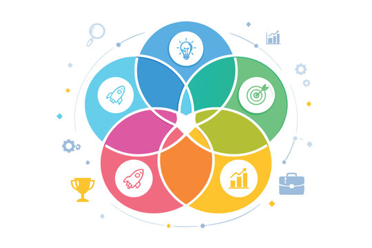 Colorful Venn Diagram Infographic Chart Template for Business with 5 Options, Overlapping Circles and Icons for Presentation, Marketing Strategy, Workflow, Success, Growth, and Process Management.