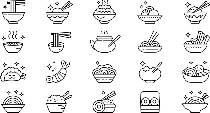 Asian food and noodle line icon vector set with ramen bowl sushi dim sum dumplings rice chopsticks isolated on white background for restaurant menu